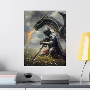 Knightcore, Knight Crusades Dragon and Knight Wildflower Meadow Art Print, Matte Poster Gift for Fantasy Lover, Medieval Decor