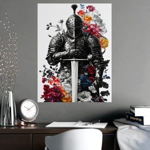 Medieval Wall Art - Knight in Armor Wall Art, Medieval Warrior Poster for Man Cave, Rustic Home Bar Decor, Gift for History Buff