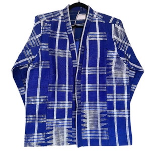 Luxury Aso-Oke Kimono Coat - Handmade Unisex Jacket in Vintage African Fabric Blue/Silver