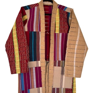 Handmade African Aso-Oke Kimono Coat Jacket Unisex - Authentic Nigerian handwoven Vintage fabric with a Contemporary design.