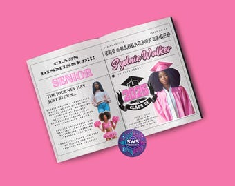 2025 Pink Graduation Newspaper Editable Canva Template