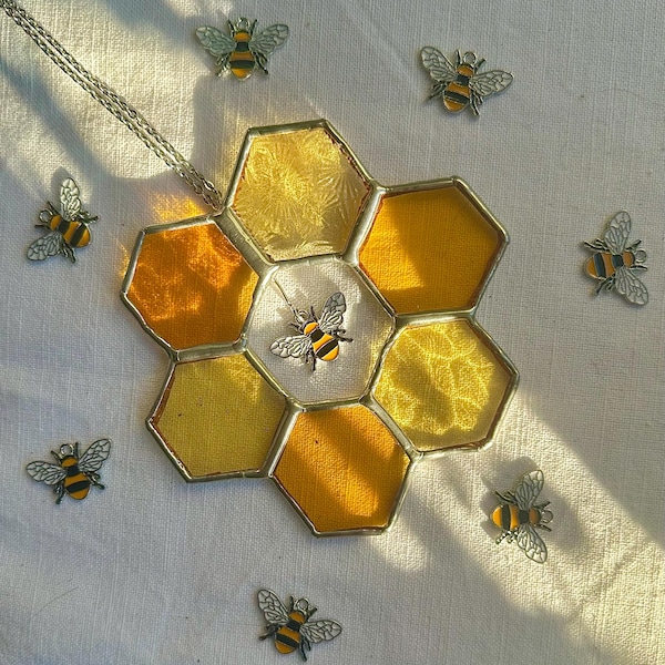 Stained Glass Honeycomb Bee Suncatcher | Gardener Gifts | Unique Bee Gifts | Hexagon Wall Art | Handmade Birthday Gift | Gift for her or Mum