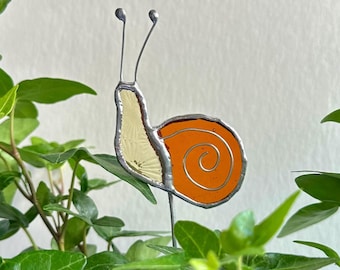 Gifts | Stained Glass Snail Plant Stake: Orange Suncatcher, Garden Decor | Spring Decor | Mothers Day