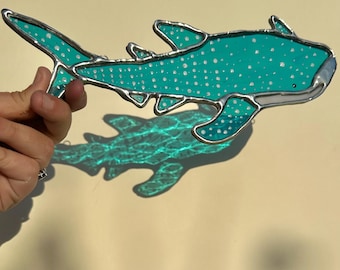 Stained Glass Iridescent Whale Shark Suncatcher | Whale Shark Art | Shark Wall Decor | Coastal Water Colour Gift | Ocean Art | Sea Glass Art