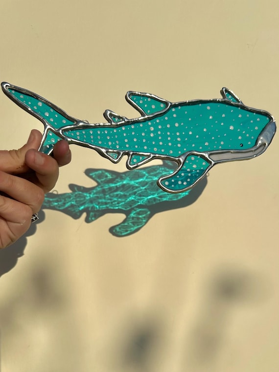 Stained Glass Iridescent Whale Shark Suncatcher | Whale Shark Art | Shark Wall Decor | Coastal Water Colour Gift | Ocean Art | Sea Glass Art