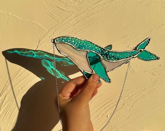 Stained Glass Iridescent Whale Suncatcher | Whale Shark Art | Whale Wall Decor | Coastal Water Colour Gifts | Ocean Art | Sea Glass Art