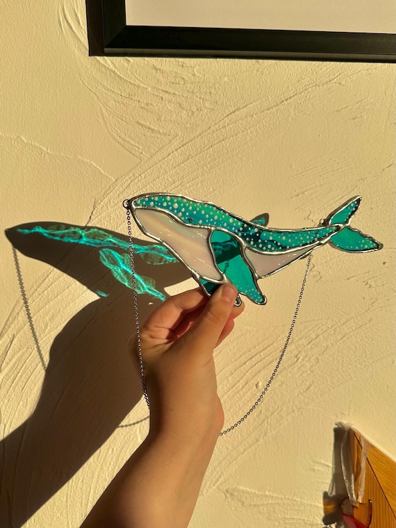 Stained Glass Iridescent Whale Suncatcher | Whale Shark Art | Whale Wall Decor | Coastal Water Colour Gifts | Ocean Art | Sea Glass Art