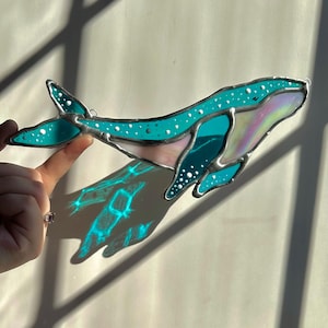 Stained Glass Iridescent Whale Suncatcher | Whale Shark Art | Whale Wall Decor | Coastal Water Colour Gifts | Ocean Art | Sea Glass Art image 2