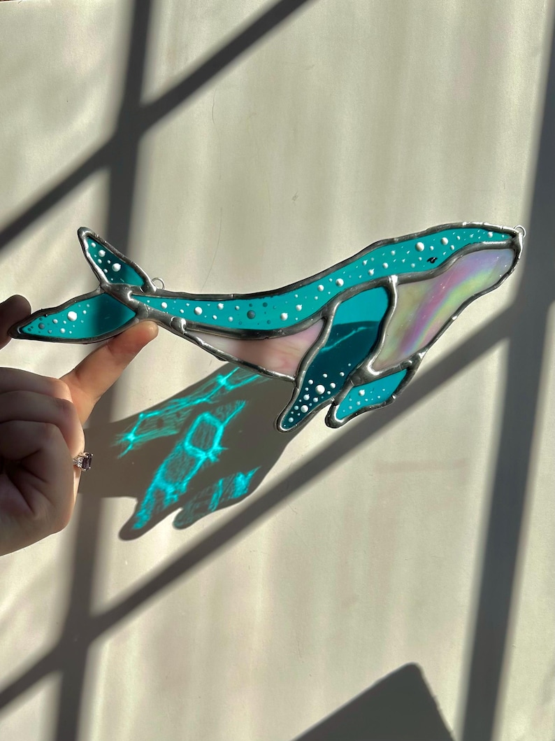 Stained Glass Iridescent Whale Suncatcher | Whale Shark Art | Whale Wall Decor | Coastal Water Colour Gifts | Ocean Art | Sea Glass Art image 2