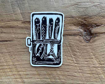 2"x3" Linocut Block Printed Sardine Tin Vinyl Sticker