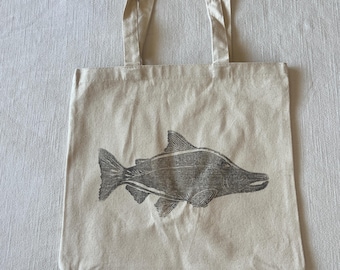 Canvas, 100% Cotton, Hand Made Fish Block Printed Tote Bag Sardine, Salmon Bags