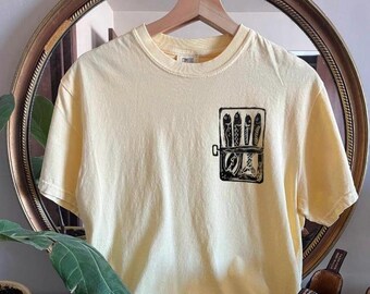 One-Of-A-Kind Sardine Tee Shirt, Block Print T-Shirt, Hand Printed Fish Themed Unisex Shirt, Vintage Aquarium Mustard Berry Graphite Brown