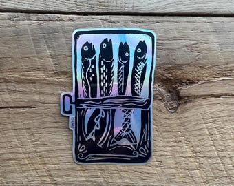 2.5"x4" Holographic Block Print Sardine Tin Vinyl Sticker