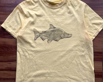 Unique Hand Printed Salmon T-Shirt, Authentic Chinook Salmon Design, Block Print Tee Shirt, Father's Day Gifts, Fish Themed Unisex Clothing