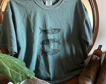 Whimsical Fish Block Print Shirt - Handmade Custom Tee for Men and Women