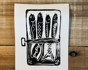 Sardine Tin Fish Print - Handmade Block Print, Hand-Carved Linoleum, 6" by 4.5", Original Print