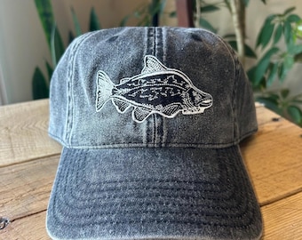 Embroidered Stonewashed Cap, Chinook Salmon Design, Unique Block Print Fishing Hat, Outdoor Hat, Fisherman Gift, Retro Baseball Cap