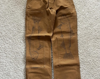 Custom Fish Pants, Hand made, by Carhartt, Carpenter Pants, Rainbow Trout/ Sturgeon/ Bluegill