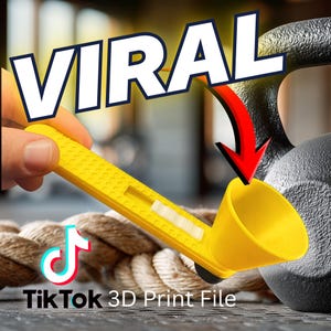 May include: A yellow 3D-printed scoop with a funnel-shaped end, held near a kettlebell. The word "VIRAL" is in a white, bold font. The TikTok logo and text "TikTok 3D Print File" are at the bottom.