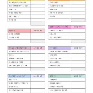 May include: A printable budget tracker with categories for fixed expenses, shopping, food, debt repayments, transportation, fitness, entertainment, and other expenses. The tracker has a yellow, orange, pink, purple, blue, and green color scheme.