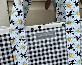 Oopsie Daisy— retro black gingham oilcloth tote bag