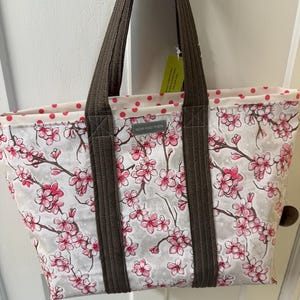Large cherry blossom reversible  floral oilcloth tote bag on gray