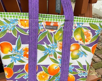 The Sanibel---  oranges and limes on large stripes oilcloth tote bag