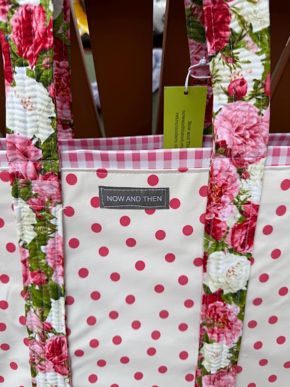 Retro pink polka dot oilcloth tote bag with roses