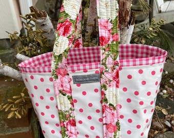 Small pink polka dot retro oilcloth tote bag for children and adults.