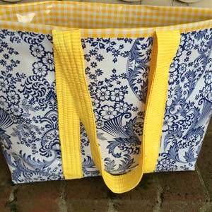 The Monet bag in inky blue toile and sunshine yellow gingham oilcloth image 1