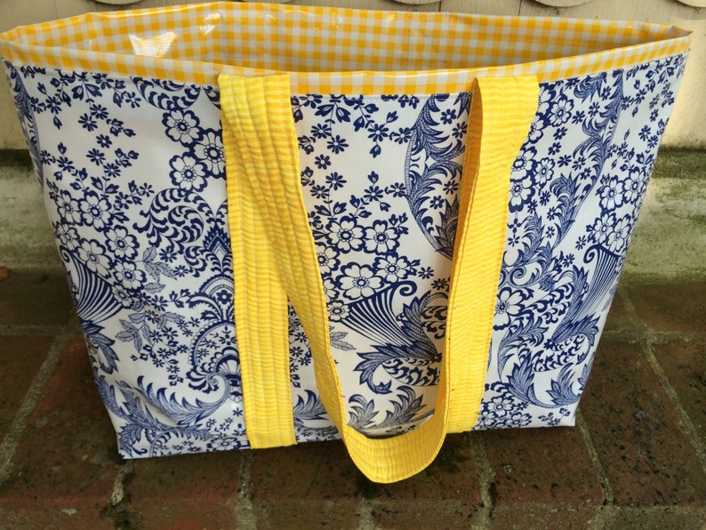 The Monet bag in inky blue toile and sunshine yellow gingham oilcloth image 1