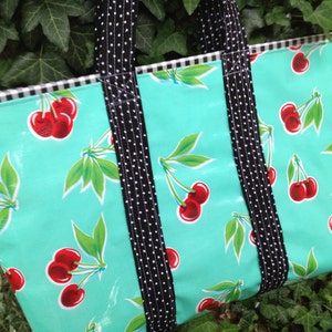 Large retro oilcloth tote bag with cherries and black gingham