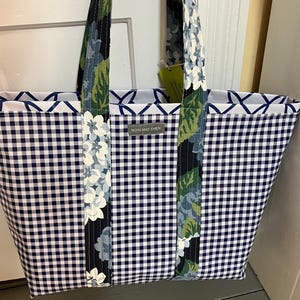 Beach house blues—-large reversible oilcloth tote in navy gingham and hydrangeas