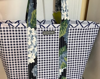 Beach house blues—-large reversible oilcloth tote in navy gingham and hydrangeas