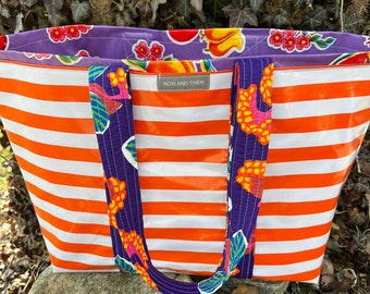 Yipes stripes funky oilcloth tote bag in orange and white