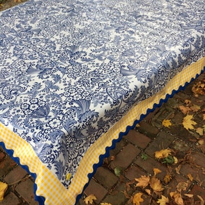 Classic blue toile and yellow gingham oilcloth tablecloth