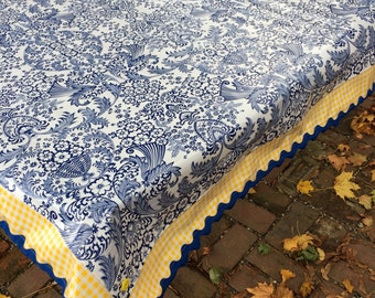 Classic blue toile and yellow gingham oilcloth tablecloth