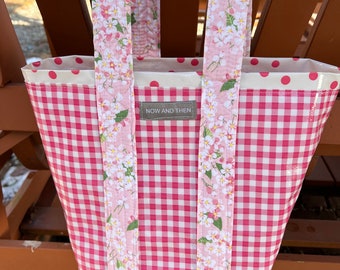 Small pink gingham retro oilcloth tote bag for children and adults.