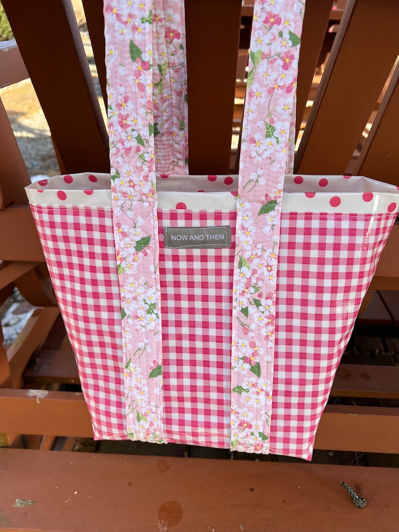 Small pink gingham retro oilcloth tote bag for children and adults. image 1