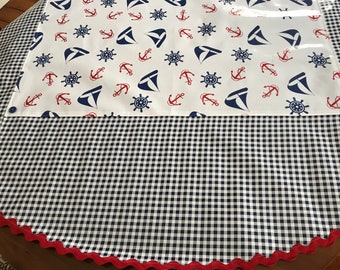 The Mariner--retro round oilcloth tablecloth in a nautical print on white