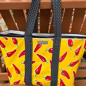 Some like it hot---large chile pepper oilcloth tote bag