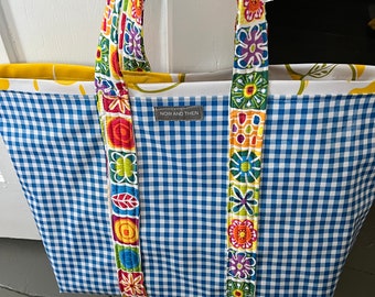 True blue —-large reversible oilcloth tote in sapphire gingham and yellow apples