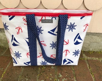 The Mariner---  Large oilcloth tote bag in a nautical print