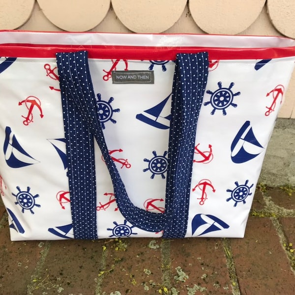 The Mariner---  Large oilcloth tote bag in a nautical print