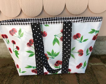 Large retro oilcloth tote bag with cherries on white and black gingham