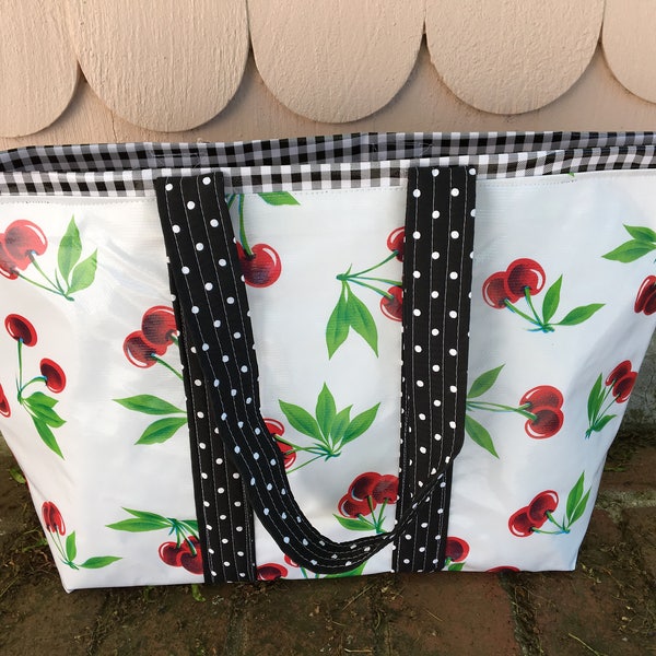Large retro oilcloth tote bag with cherries on white and black gingham
