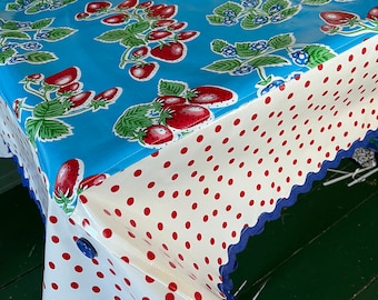 June in Ct---retro strawberry tablecloth on blue