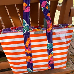 Yipes stripes funky oilcloth tote bag in orange and white image 4