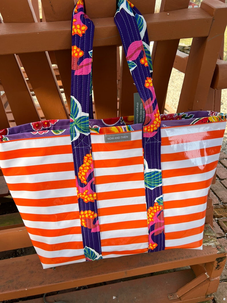 Yipes stripes funky oilcloth tote bag in orange and white image 4