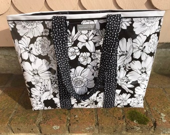 The Aloha--Hawaiian print floral reversible oilcloth tote in basic black and white